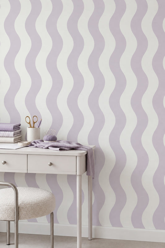 Wavy Stripes Wallpaper Lavender Purple And Cream Abstract