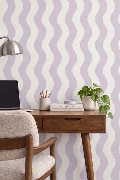Wavy Stripes Wallpaper Lavender Purple And Cream Abstract