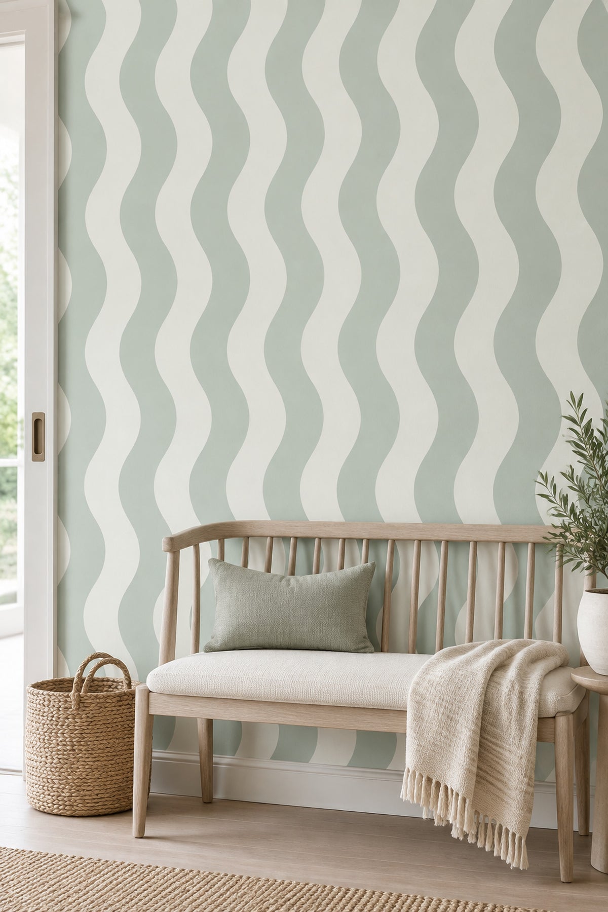 Wavy Stripes Wallpaper Sage Green And Off White Vertical Pattern