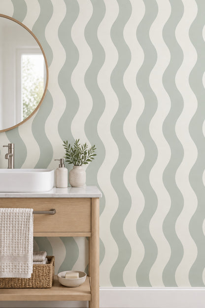 Wavy Stripes Wallpaper Sage Green And Off White Vertical Pattern