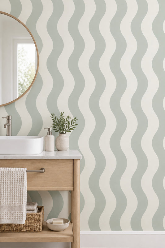 Wavy Stripes Wallpaper Sage Green And Off White Vertical Pattern