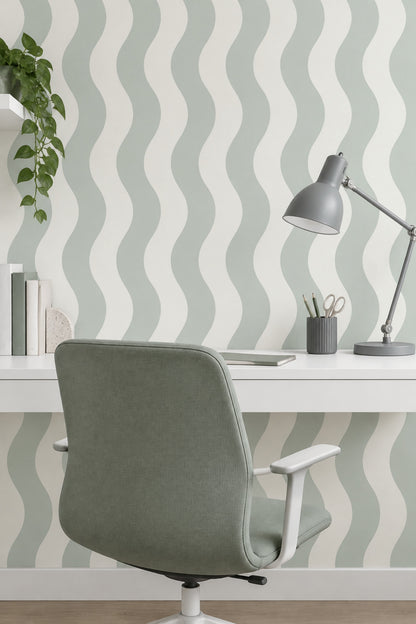 Wavy Stripes Wallpaper Sage Green And Off White Vertical Pattern