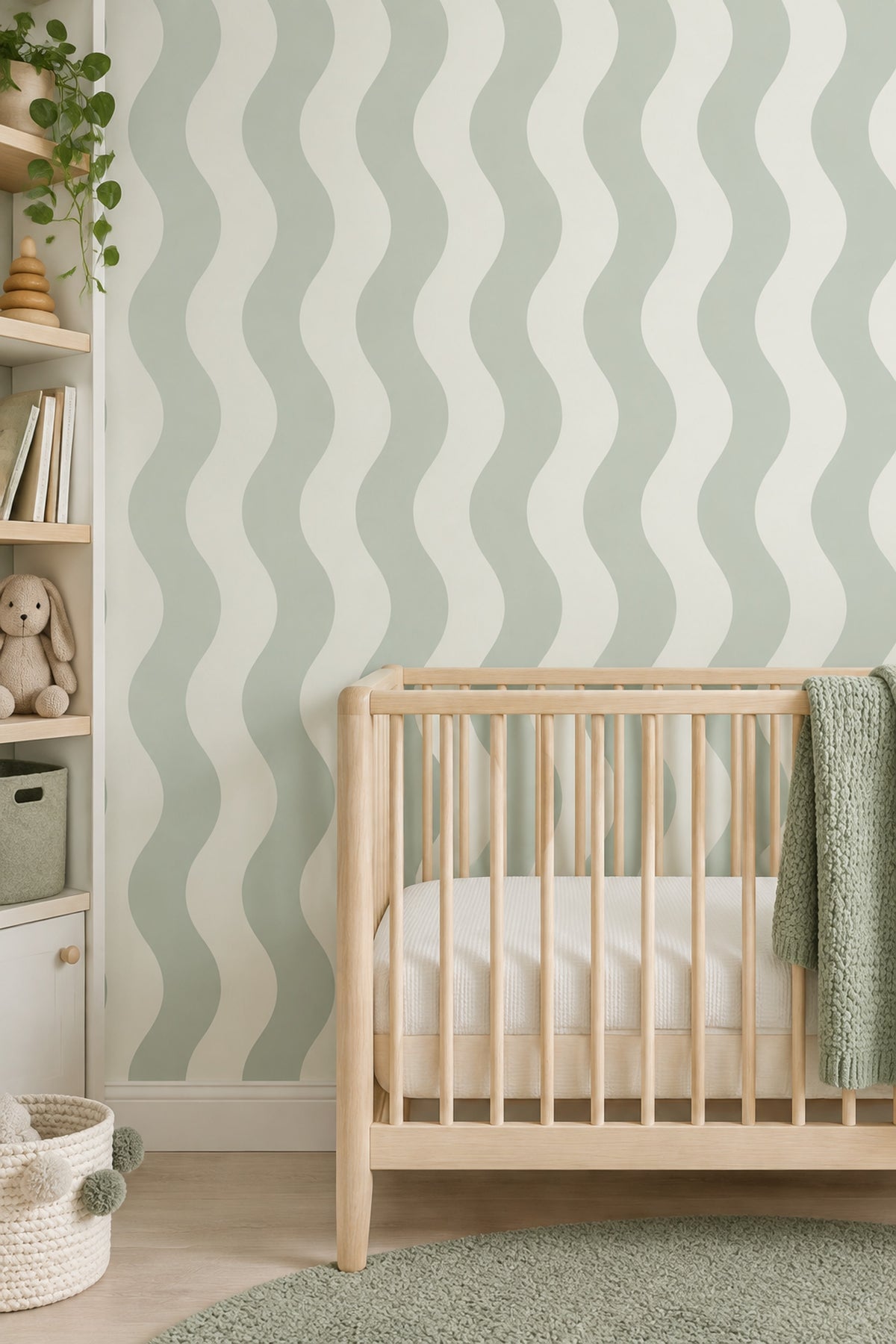 Wavy Stripes Wallpaper Sage Green And Off White Vertical Pattern