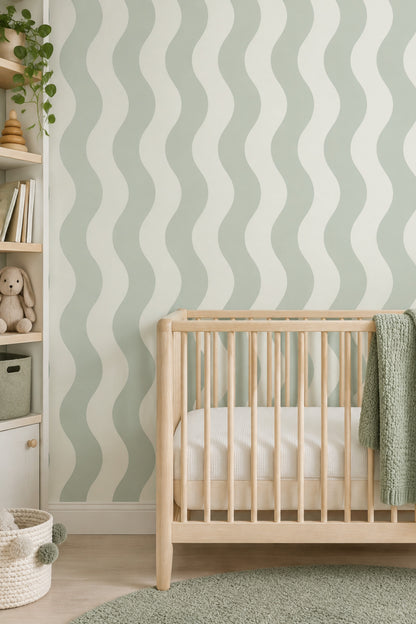 Wavy Stripes Wallpaper Sage Green And Off White Vertical Pattern