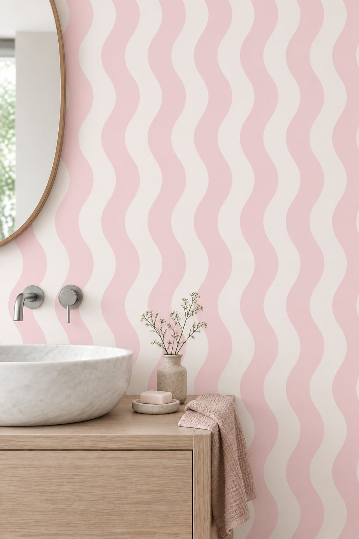 Pink Wavy Stripes Wallpaper Pastel Minimal Pattern