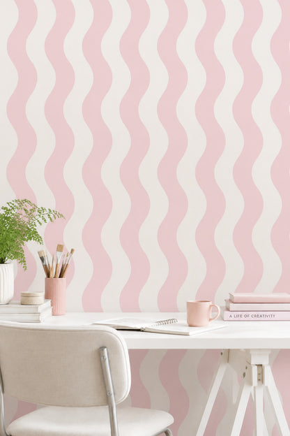 Pink Wavy Stripes Wallpaper Pastel Minimal Pattern