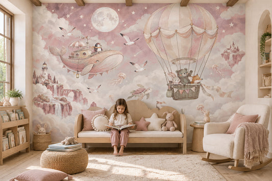Hot Air Balloon Animals Wallpaper Watercolor Fantasy Wall Mural