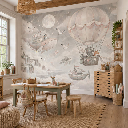 Hot Air Balloon Animals Wallpaper Watercolor Sky Adventure Wall Mural