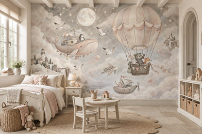 Hot Air Balloon Animals Wallpaper Watercolor Sky Adventure Wall Mural