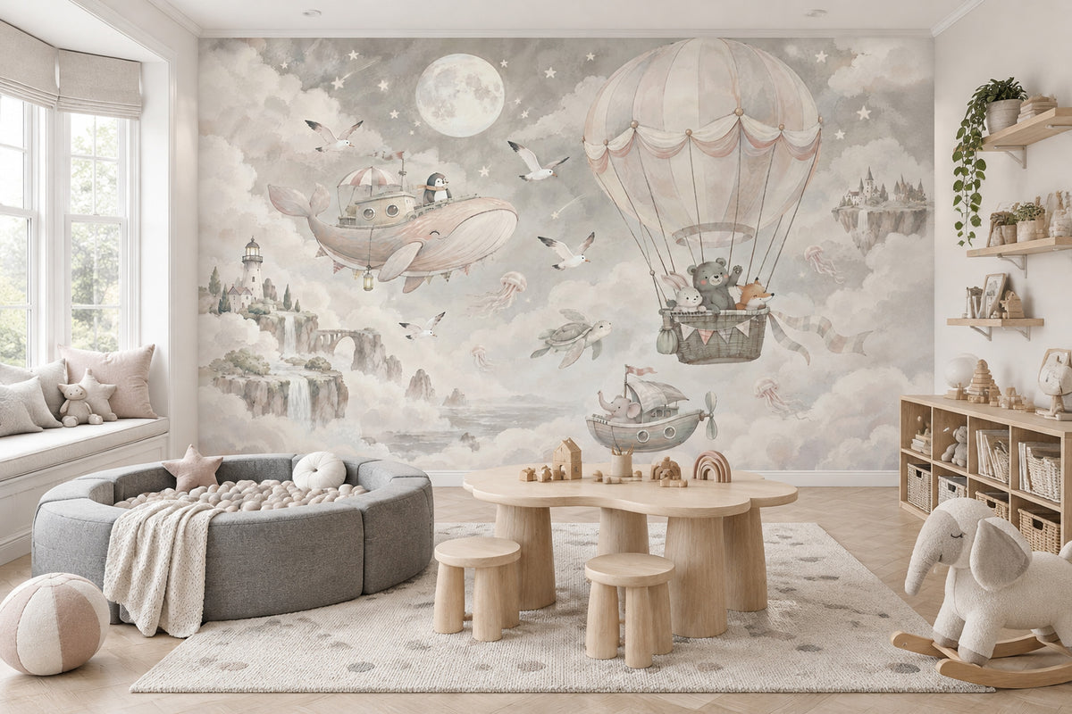 Hot Air Balloon Animals Wallpaper Watercolor Sky Adventure Wall Mural