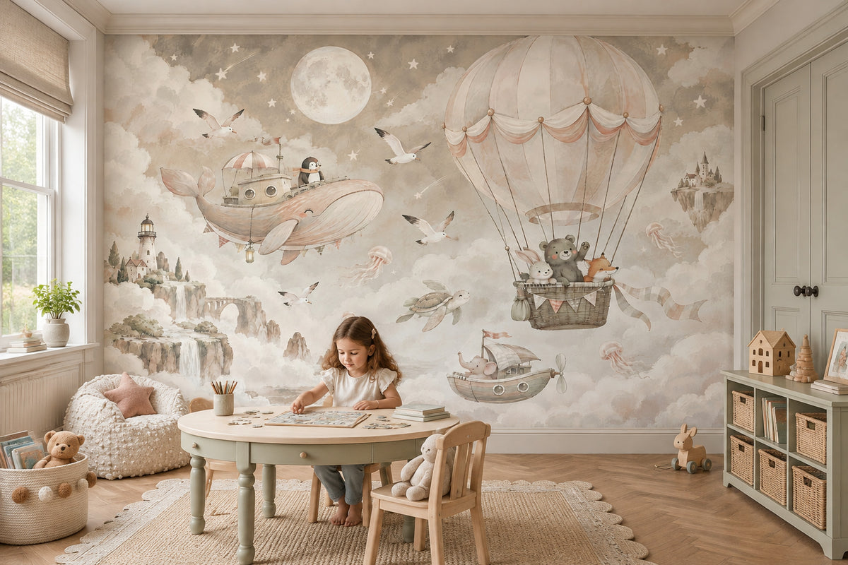 Hot Air Balloon Animals Wallpaper Watercolor Fantasy Wall Mural