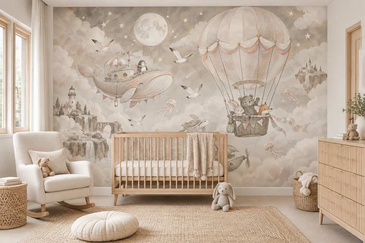 Hot Air Balloon Animals Wallpaper Watercolor Fantasy Wall Mural