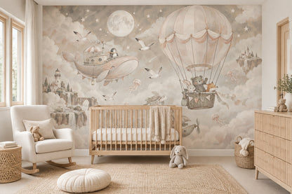 Hot Air Balloon Animals Wallpaper Watercolor Fantasy Wall Mural