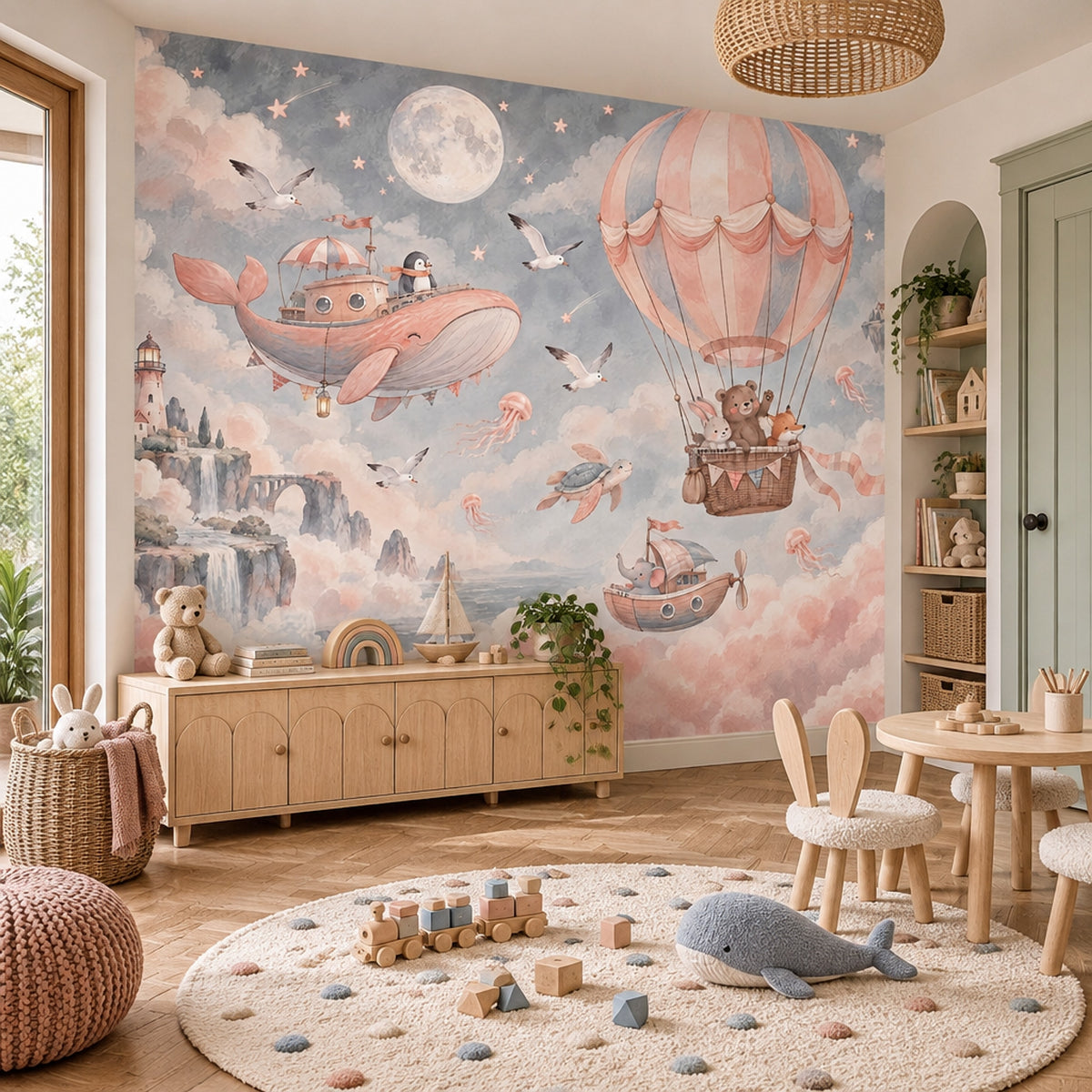 Hot Air Balloon Animals Wallpaper Watercolor Fantasy Wall Mural
