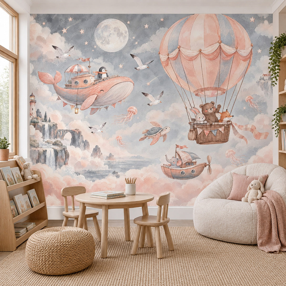 Hot Air Balloon Animals Wallpaper Watercolor Fantasy Wall Mural