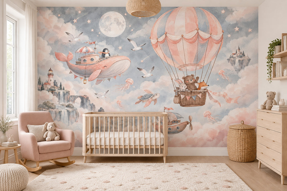 Hot Air Balloon Animals Wallpaper Watercolor Fantasy Wall Mural