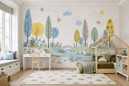 Whimsical Hillside Village Wallpaper Watercolor Landscape Wall Mural