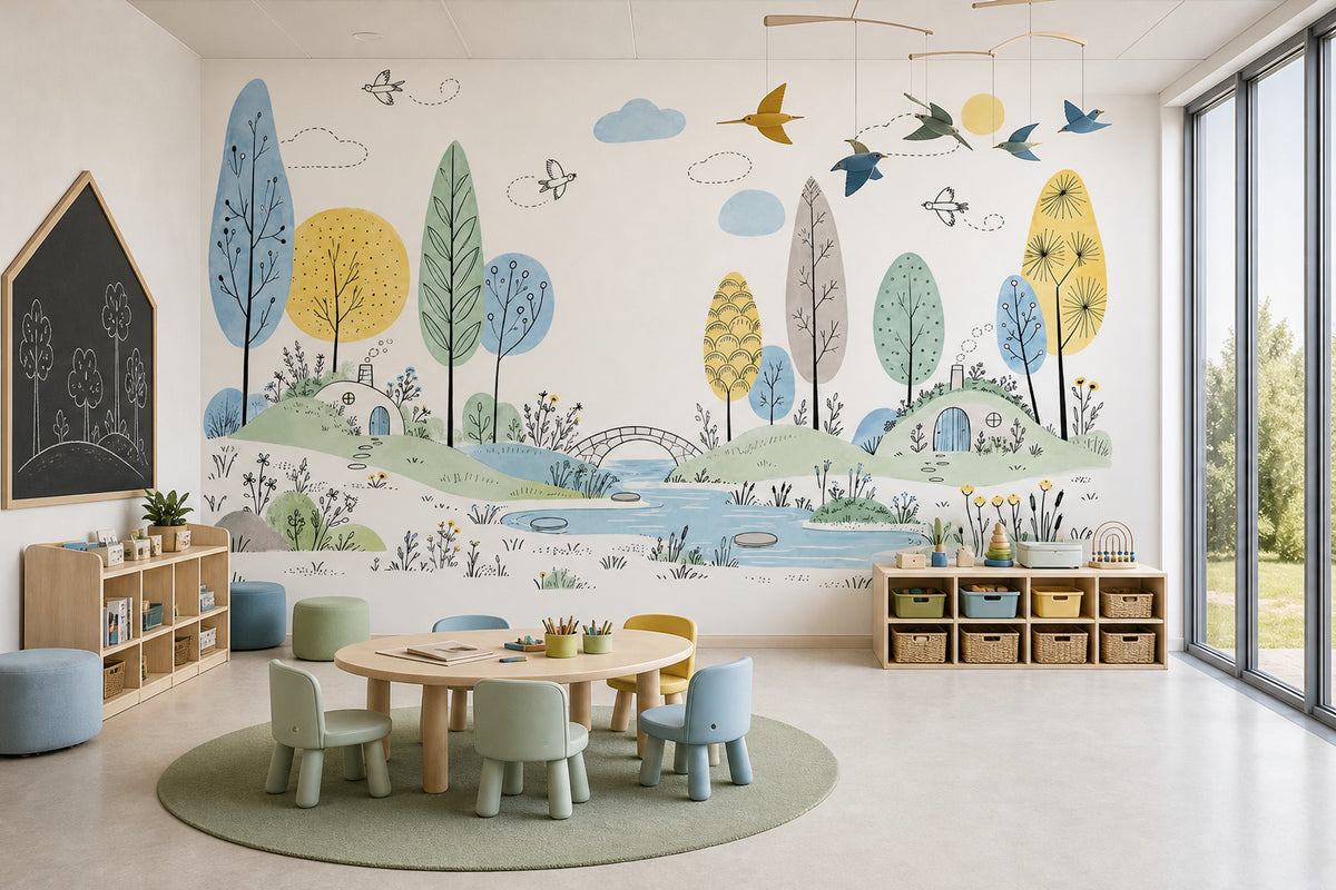 Whimsical Hillside Village Wallpaper Watercolor Landscape Wall Mural