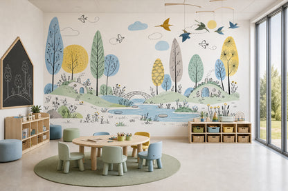 Whimsical Hillside Village Wallpaper Watercolor Landscape Wall Mural