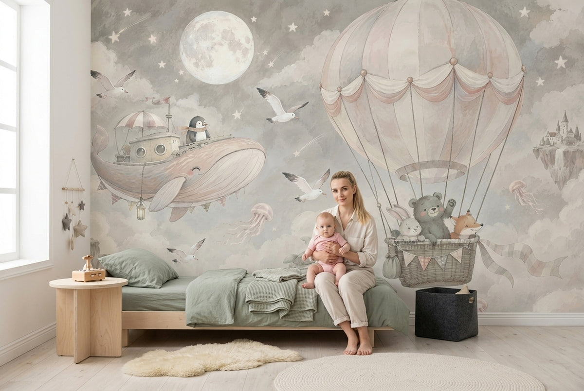 Hot Air Balloon Animals Wallpaper Watercolor Sky Adventure Wall Mural