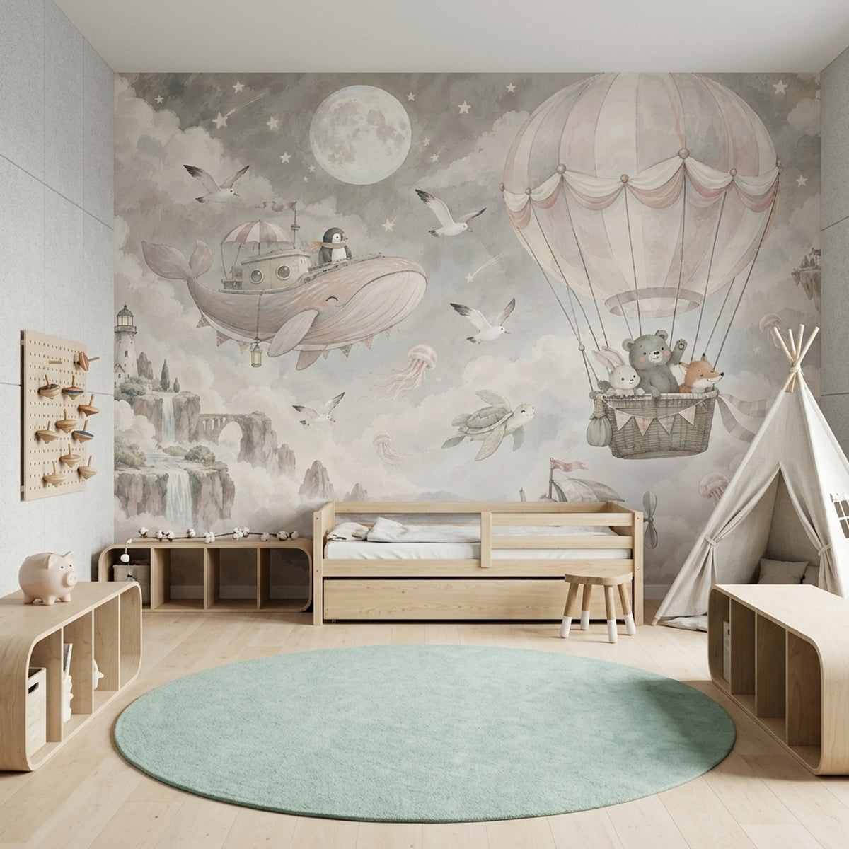 Hot Air Balloon Animals Wallpaper Watercolor Sky Adventure Wall Mural