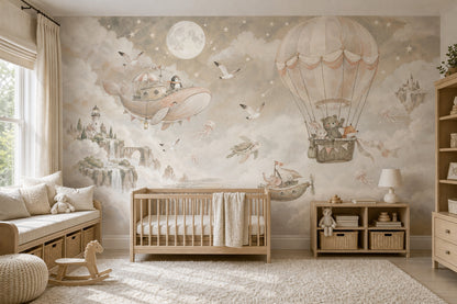 Hot Air Balloon Animals Wallpaper Watercolor Fantasy Wall Mural