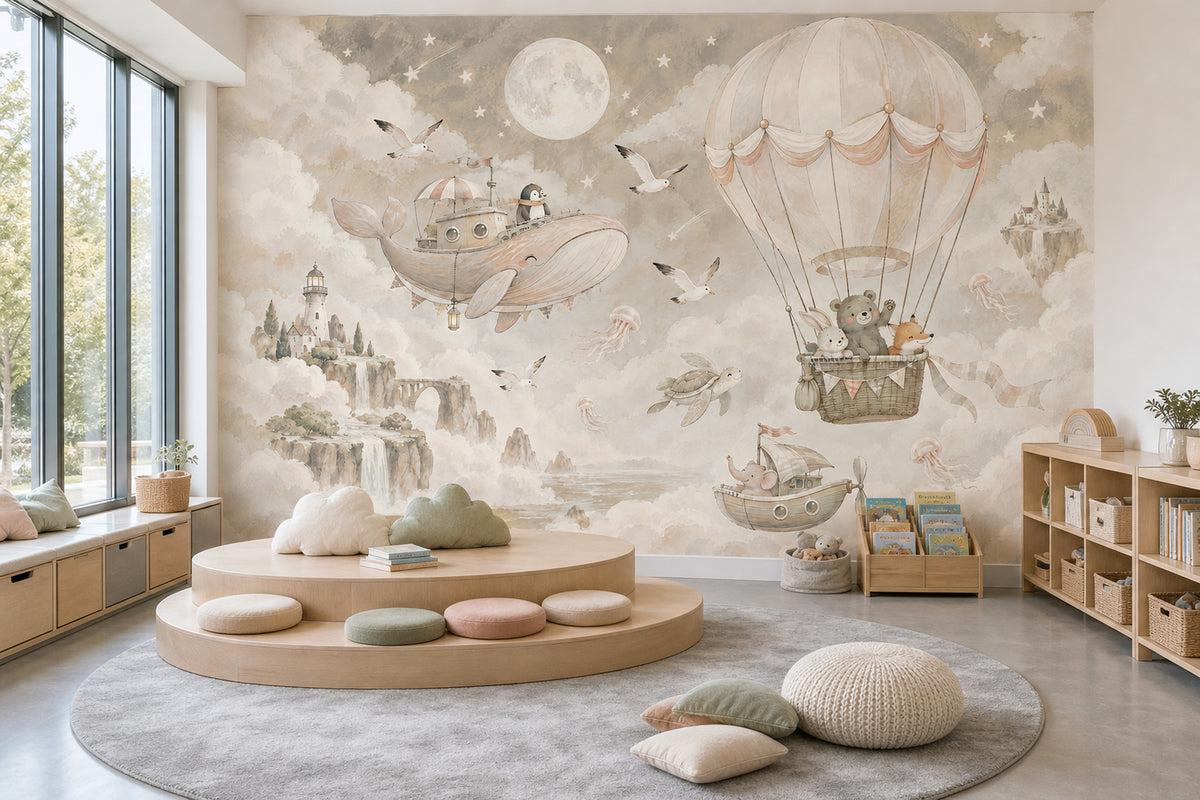 Hot Air Balloon Animals Wallpaper Watercolor Fantasy Wall Mural
