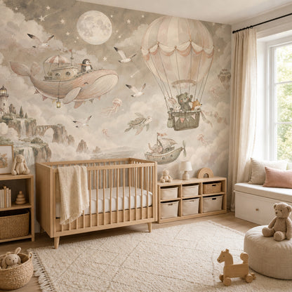 Hot Air Balloon Animals Wallpaper Watercolor Fantasy Wall Mural