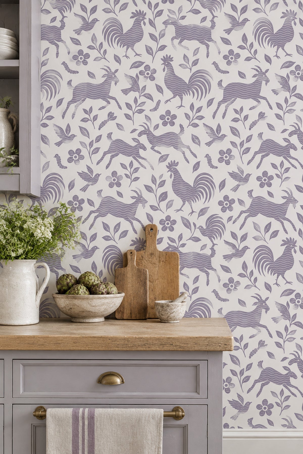 Roosters And Goats Wallpaper Lavender Folk Art On Ivory