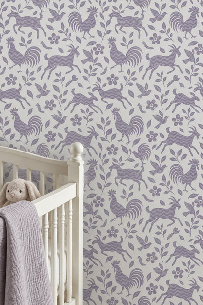 Roosters And Goats Wallpaper Lavender Folk Art On Ivory