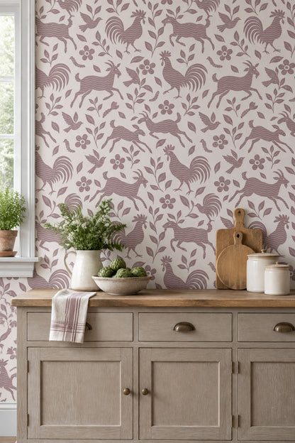 Roosters And Goats Wallpaper Folk Art Floral Pink