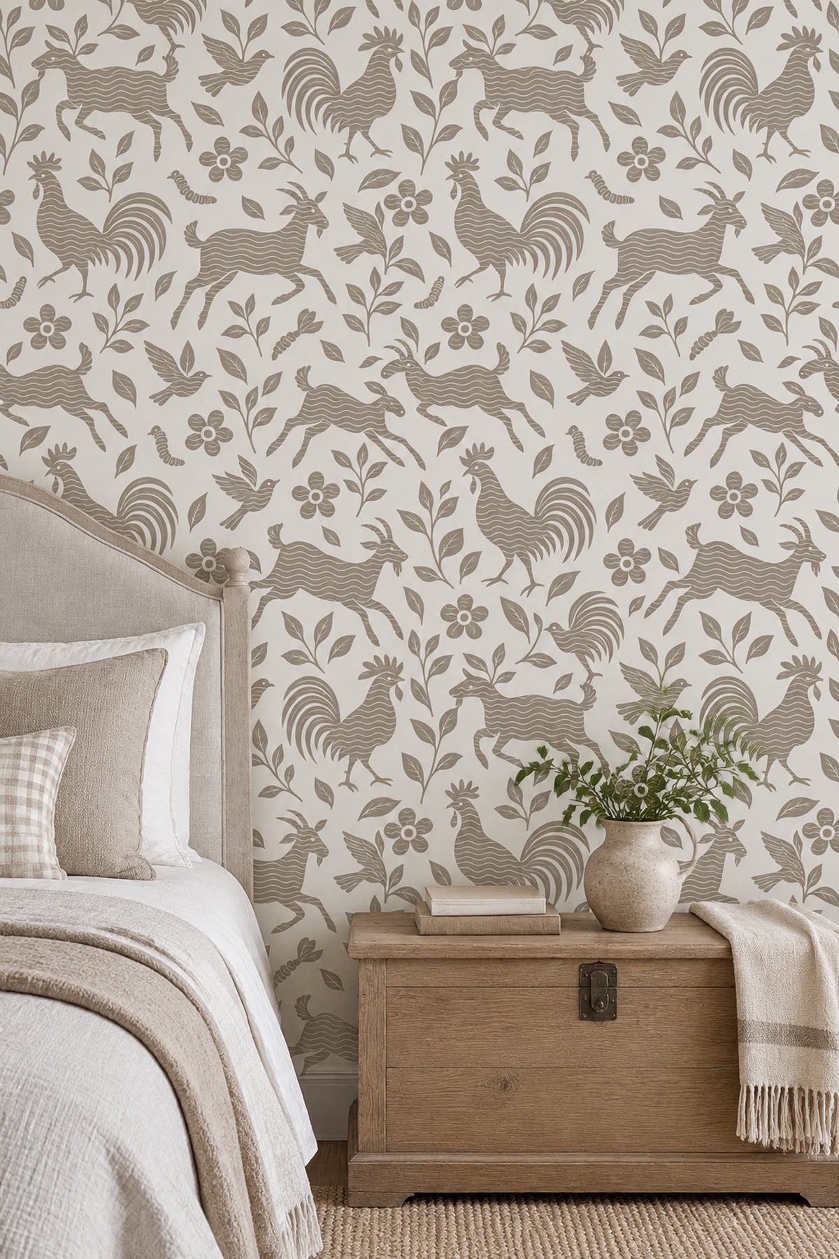 Goats Roosters And Birds Wallpaper Folk Floral Taupe