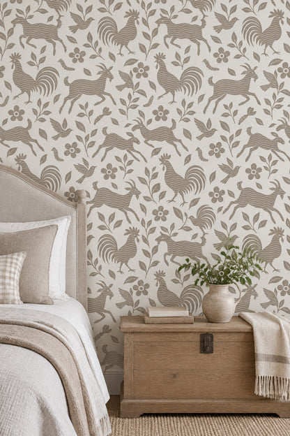 Goats Roosters And Birds Wallpaper Folk Floral Taupe