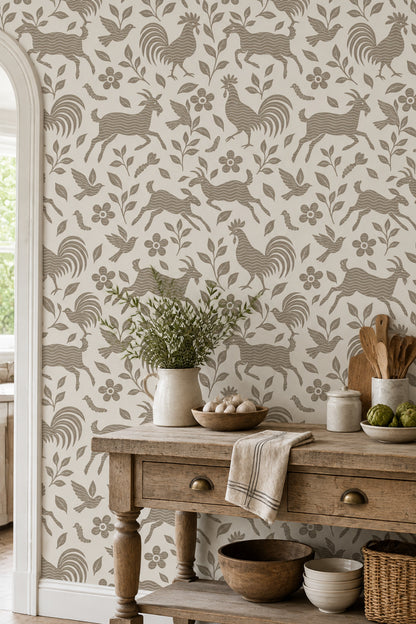 Goats Roosters And Birds Wallpaper Folk Floral Taupe