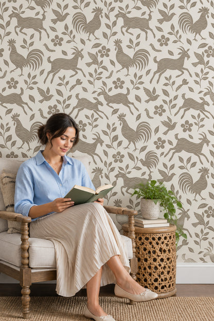 Goats Roosters And Birds Wallpaper Folk Floral Taupe