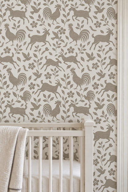Goats Roosters And Birds Wallpaper Folk Floral Taupe