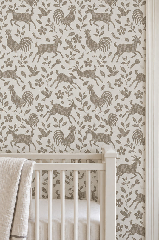 Goats Roosters And Birds Wallpaper Folk Floral Taupe