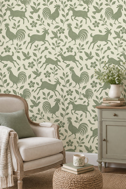 Roosters And Goats Wallpaper Sage Green Folk Art