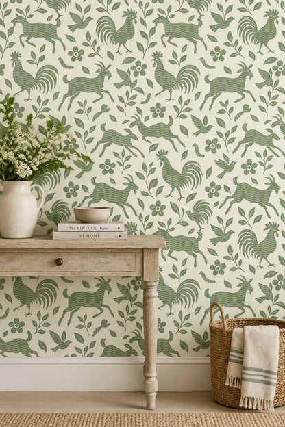 Roosters And Goats Wallpaper Sage Green Folk Art