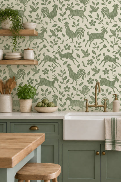 Roosters And Goats Wallpaper Sage Green Folk Art