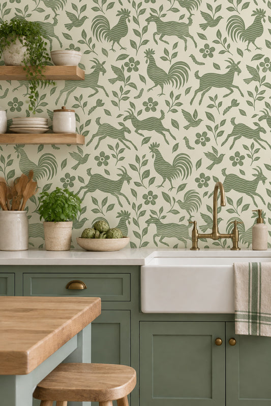 Roosters And Goats Wallpaper Sage Green Folk Art
