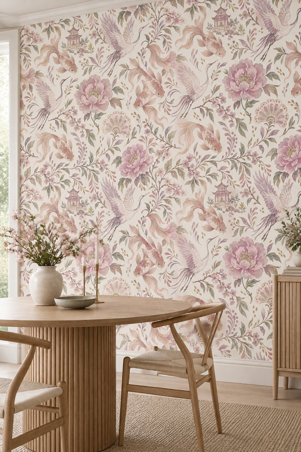 Cranes And Koi Fish Wallpaper Chinoiserie Pink Blossoms