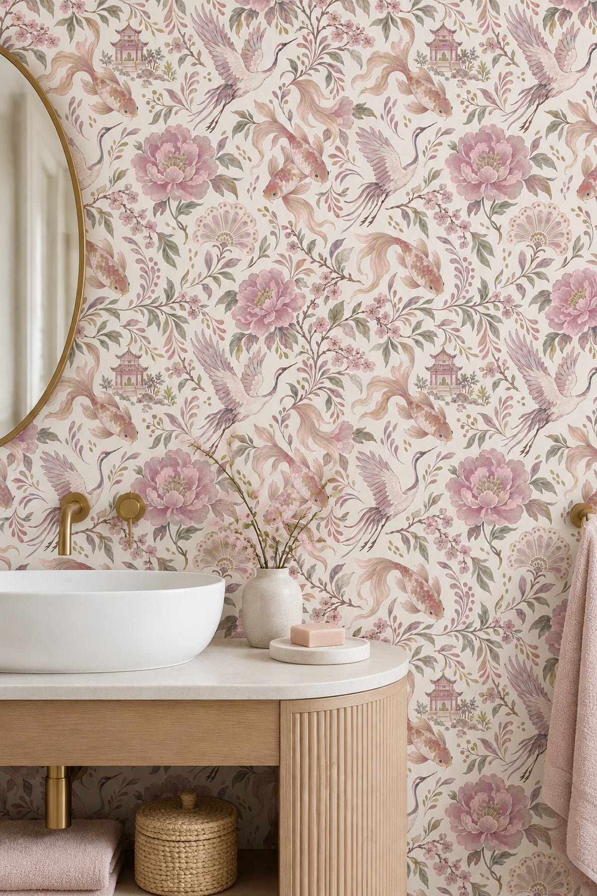 Cranes And Koi Fish Wallpaper Chinoiserie Pink Blossoms