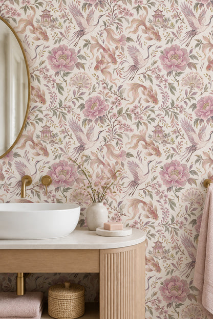 Cranes And Koi Fish Wallpaper Chinoiserie Pink Blossoms