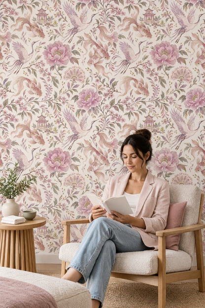 Cranes And Koi Fish Wallpaper Chinoiserie Pink Blossoms