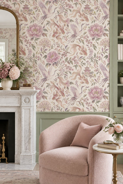 Cranes And Koi Fish Wallpaper Chinoiserie Pink Blossoms