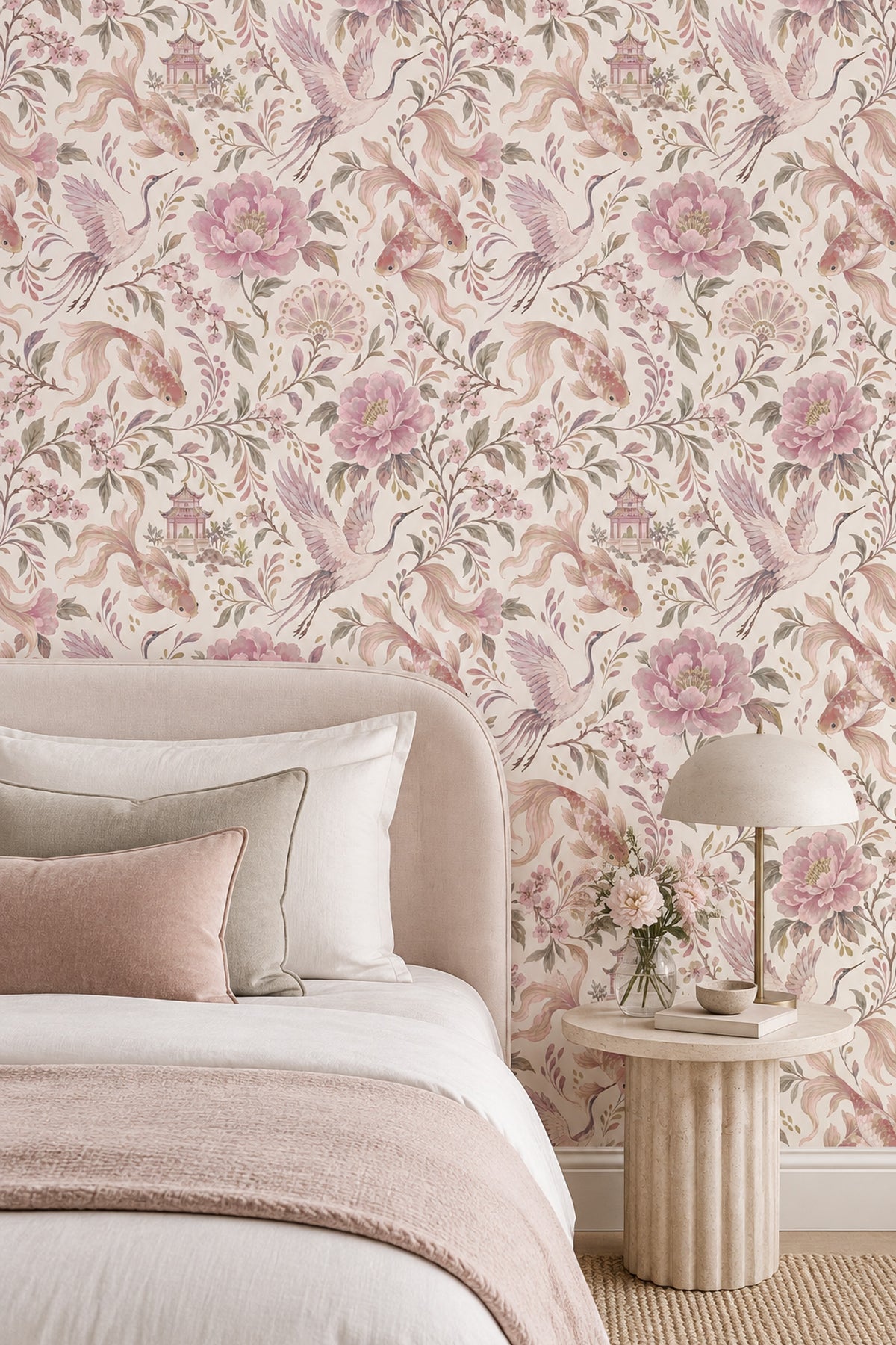 Cranes And Koi Fish Wallpaper Chinoiserie Pink Blossoms