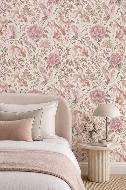 Cranes And Koi Fish Wallpaper Chinoiserie Pink Blossoms