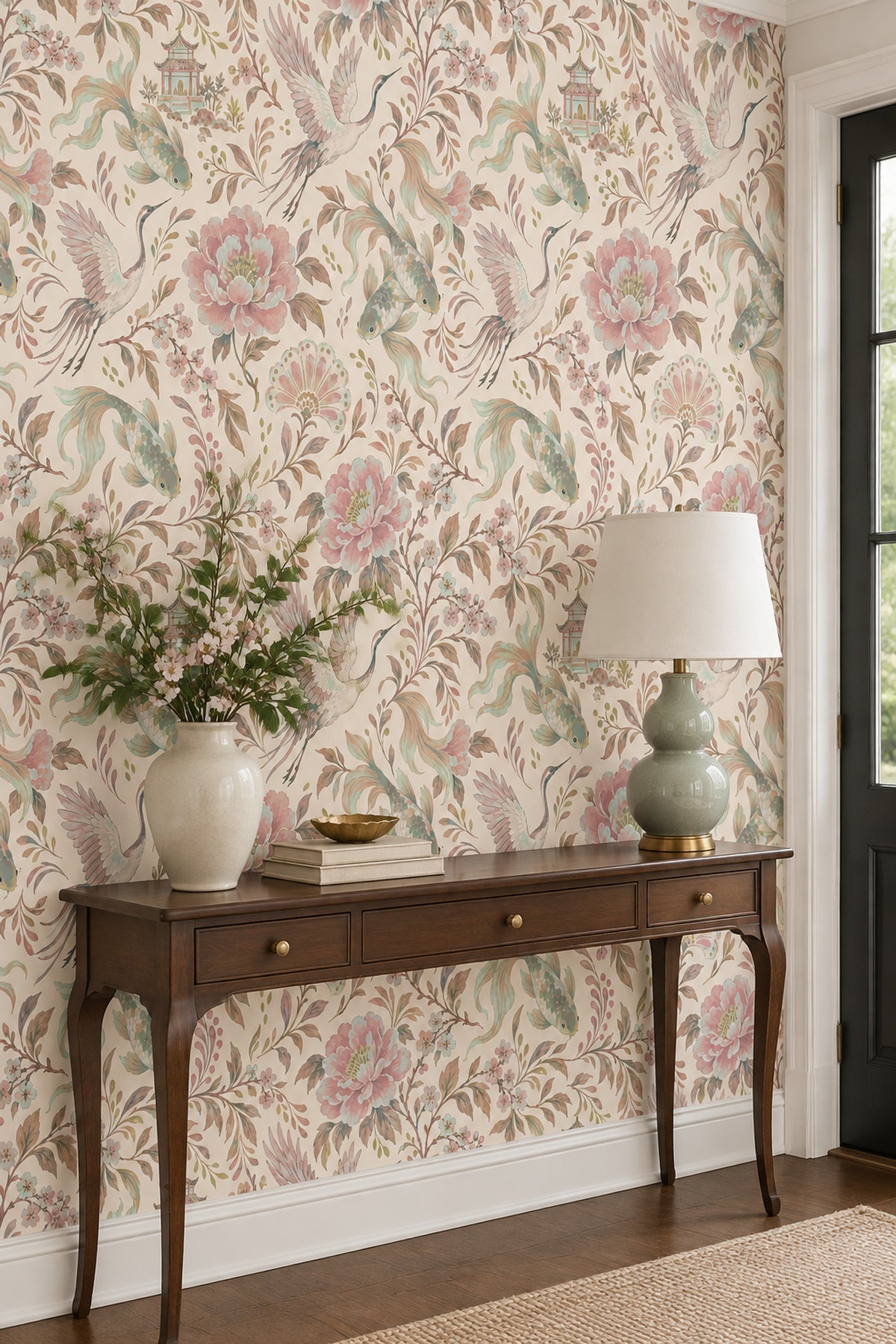 Cranes And Koi Fish Wallpaper Chinoiserie Floral Cream