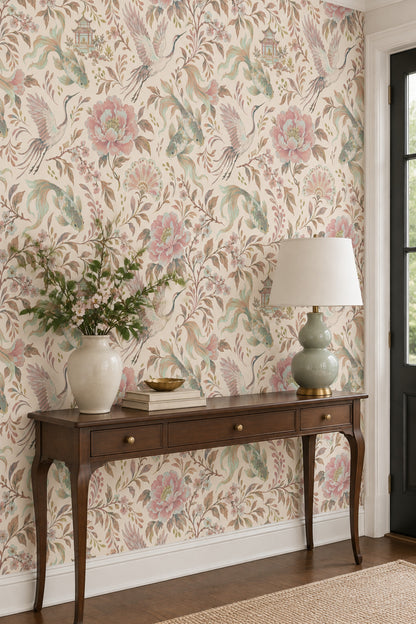 Cranes And Koi Fish Wallpaper Chinoiserie Floral Cream